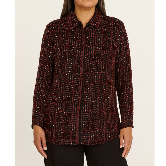 Judith Ann red & black 100% silk sequin long sleeve tunic top/Mini dress - Picture 1 of 12